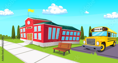 background in the form of a schoolyard, which shows the school building, parking with a school bus and a bench with a path.