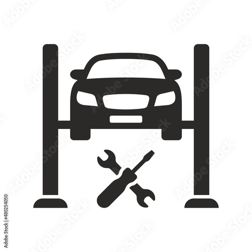 Car lift icon. Car service. Garage. MOT. Vector icon isolated on white background.