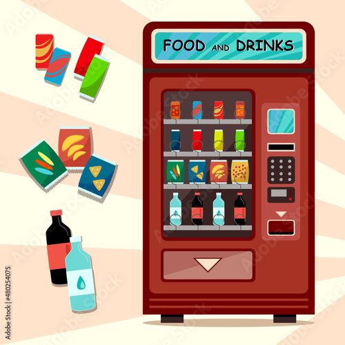 Vending machine with food. Vector flat cartoon illustration 