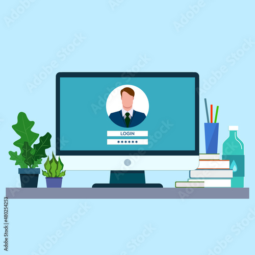 Login. Monitor. Flat vector design illustration