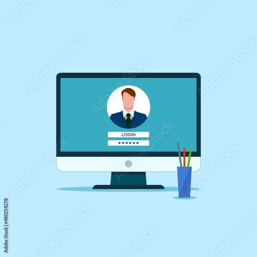 Login. Monitor. Flat vector design illustration