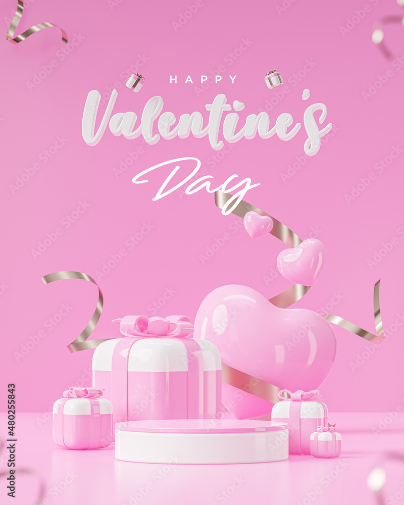Happy valentine's day podium for product presentation in pink white background 3d render 
