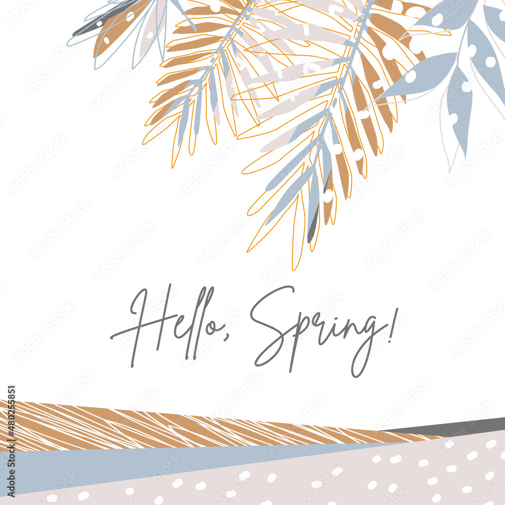 Obraz premium Spring scrapbook card in neutral colors with stylized polka dot branches and leaves