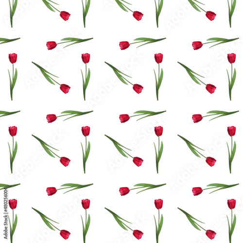 Repeating pattern of red tulip on a white background.