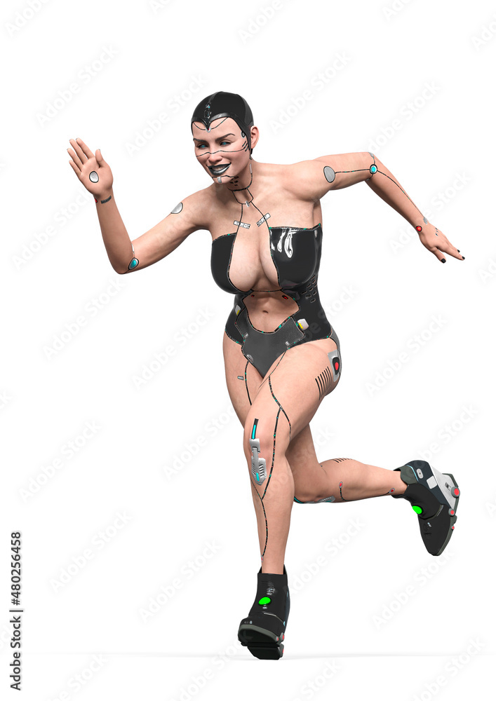 super cyborg girl is jogging and smiling in white background