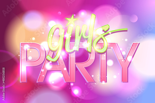 Girl's party invitation flyer or card with bokeh lights pink background