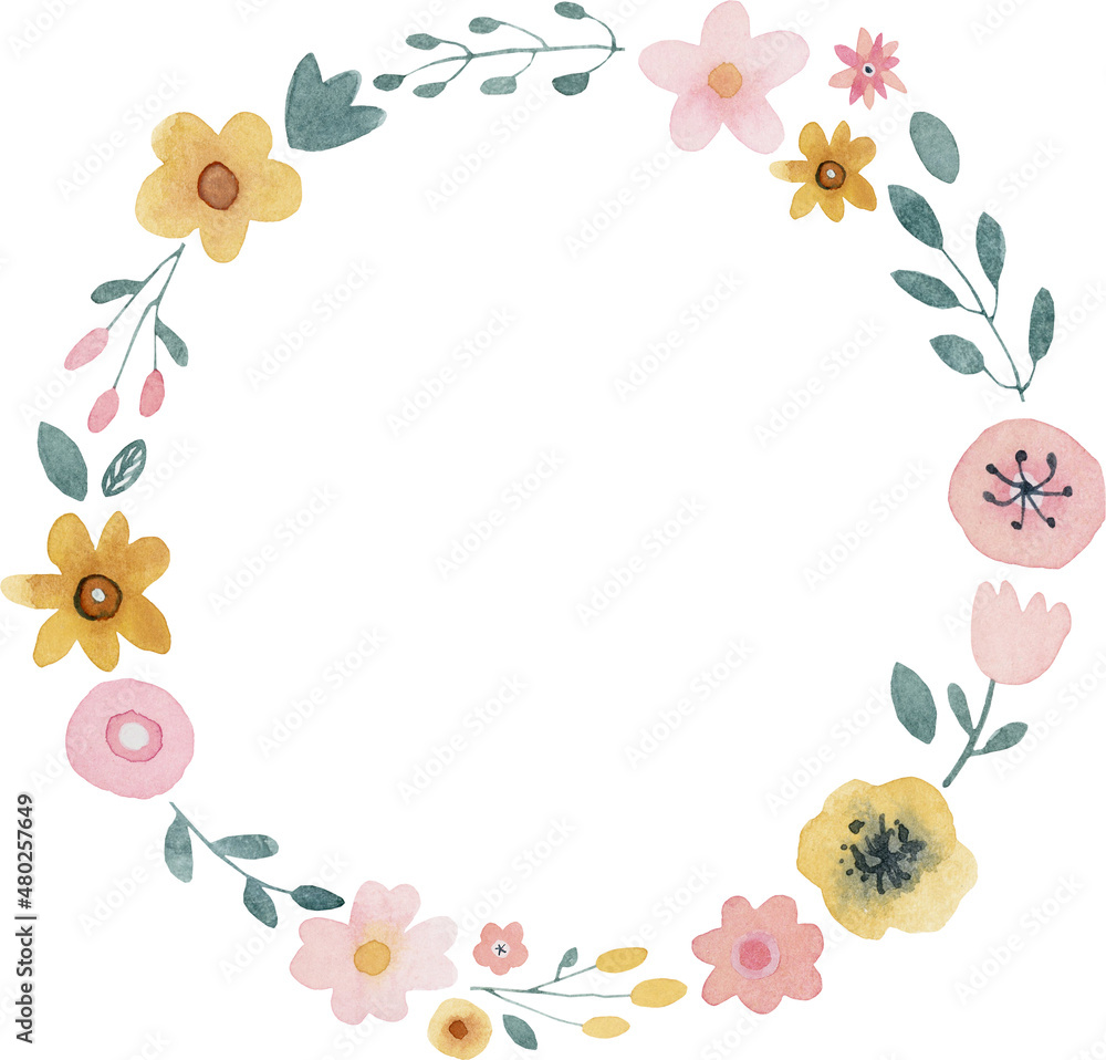 watercolor flower clipart, watercolor floral clip art, pink flower wreath round circle frame, flower arrangement sticker illustration, isolated elements on white background