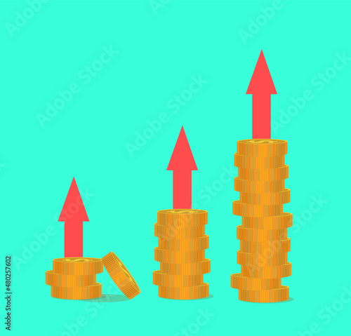 Three columns of coins with arrows indicating growth and development. Profit 