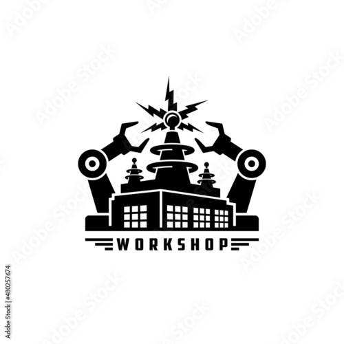 Industrial Manufacturing Production Retro Factory Building. Futuristic Retro Science Fiction Laboratory With Coil Antenna Lightening Bolts Vector Logo Design