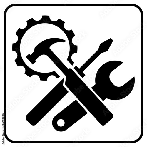 Hammer, gear, screwdriver and wrench. Icon. Flat image