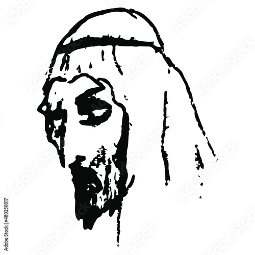 Head of a handsome bearded Arab man wearing keffiyeh or kefia. Young Jew or Semite. Jesus Christ. Male portrait. Hand drawn linear doodle rough sketch. Black silhouette on white background.