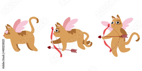 Cat cupid in different poses. Cute character in flat style © Maria