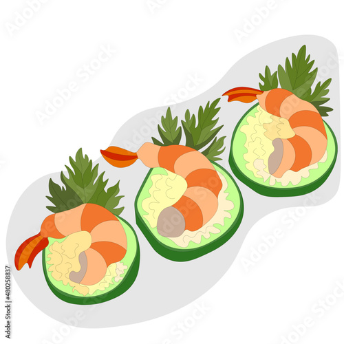 appetizer of cucumber slices with shrimp and cheese, decorated with sprig of parsley. vector illustration of food and snacks for buffet, menu. finger seafood food. 