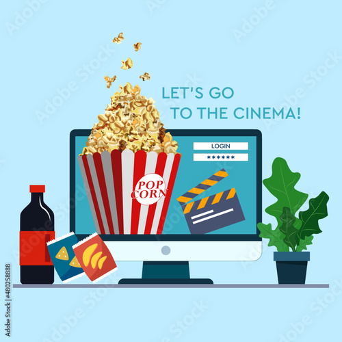 Online cinema. Monitor, popcorn. Flat graphics 