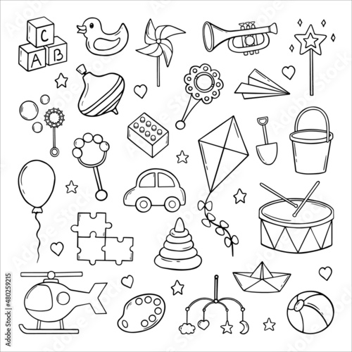 Set of Children Toys doodle.  Constructor, balloon, pinwheel, ball, car, pyramid in sketch style.  Hand drawn vector illustration isolated on white background.