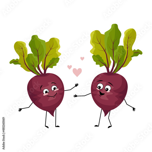Beet character with love emotions, smile face, arms and legs. Person with happy expression, vegetable emoticon. Vector flat illustration