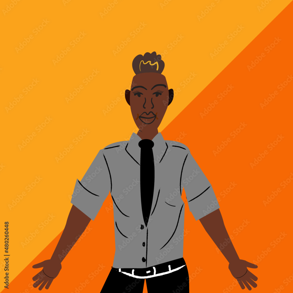 Well-dressed lesbian woman wearing a tie with hands out Well-dressed lesbian woman wearing a tie with hands out
