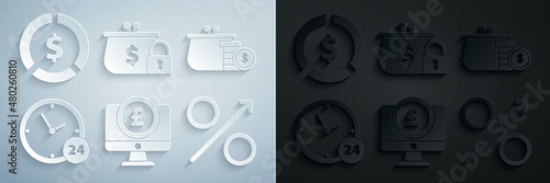 Set Computer monitor with pound sterling symbol, Wallet coins, Clock 24 hours, Percent up arrow, Closed wallet and Coin money dollar icon. Vector