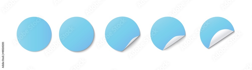 Blue realistic round paper adhesive stickers with curved corner on white background vector set