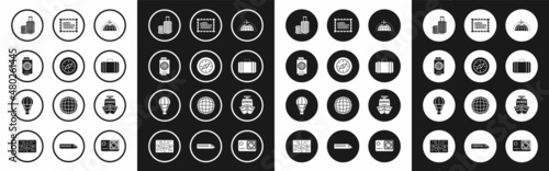 Set Globe with flying plane, Compass, Passport ticket, Suitcase for travel, Postal stamp and Coliseum, Ship and Hot air balloon icon. Vector