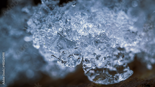 Nahaufnahme von gefrorenen Wasser auf einem Baumstamm, Eis, Winter