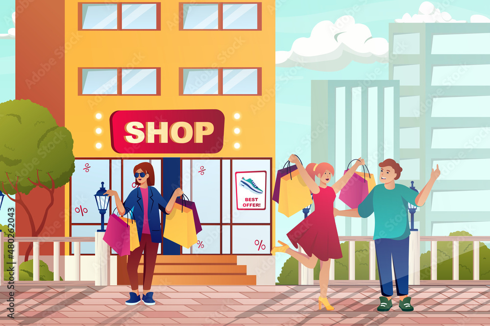 Street shopping with customers concept in flat cartoon design. Men and women buyers with bags walking near stores and making purchases at sales. Illustration with people scene background Street shopping with customers concept in flat cartoon design. Men and women buyers with bags walking near stores and making purchases at sales. Illustration with people scene background
