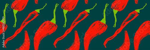 Tangy red pepper pattern seamless in vector.  Hand-drawn illustration of hot peppers. Pepper drawings. Organic vegetable background. Vegan food wallpaper. Healthy eating backdrop. Vegetarian banner.