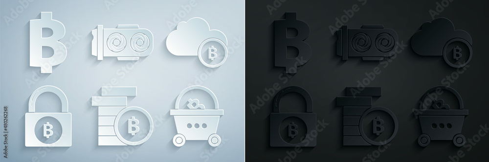 Set Cryptocurrency coin Bitcoin, cloud mining, Lock with bitcoin, Shopping basket, Mining farm and icon. Vector Set Cryptocurrency coin Bitcoin, cloud mining, Lock with bitcoin, Shopping basket, Mining farm and icon. Vector