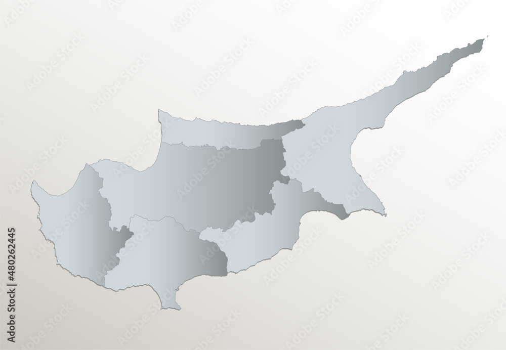 Cyprus map, administrative division, white blue card paper 3D, blank