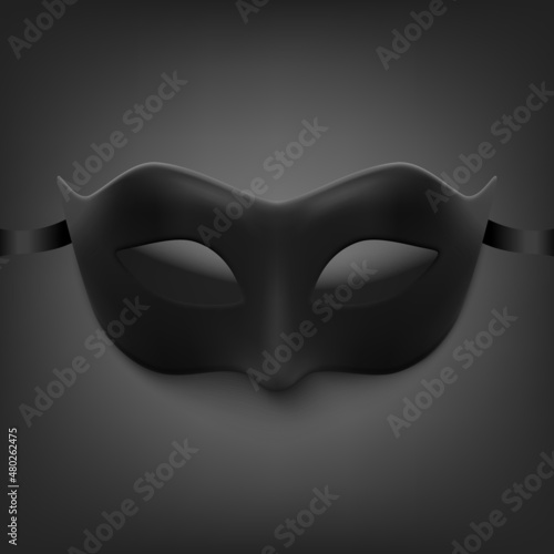Vector 3d Realistic Black Carnival Face Mask for Party Decoration, Masquerade Closeup. Design Template of Mask for Man or Woman. Carnival, Party, Secret, Hero, Stranger Concept