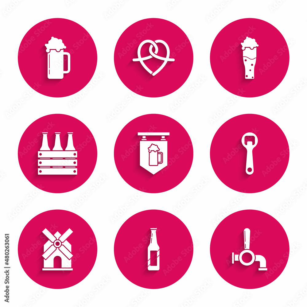 Set Street signboard with glass of beer, Beer bottle, tap, Bottle opener, Windmill, Pack bottles, Glass and icon. Vector Set Street signboard with glass of beer, Beer bottle, tap, Bottle opener, Windmill, Pack bottles, Glass and icon. Vector