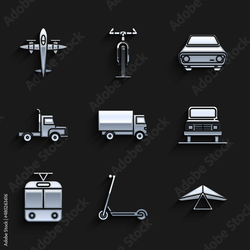 Set Delivery cargo truck vehicle, Scooter, Hang glider, Car, Tram and railway, and Old retro vintage plane icon. Vector