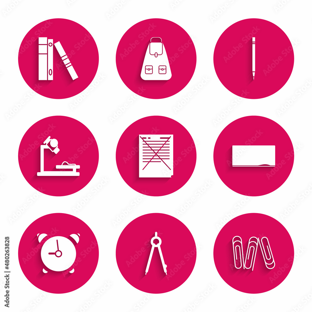 Set Exam paper with incorrect answers survey, Drawing compass, Paper clip, Chalkboard, Alarm clock, Microscope, Pencil eraser and Office folders papers and documents icon. Vector Set Exam paper with incorrect answers survey, Drawing compass, Paper clip, Chalkboard, Alarm clock, Microscope, Pencil eraser and Office folders papers and documents icon. Vector