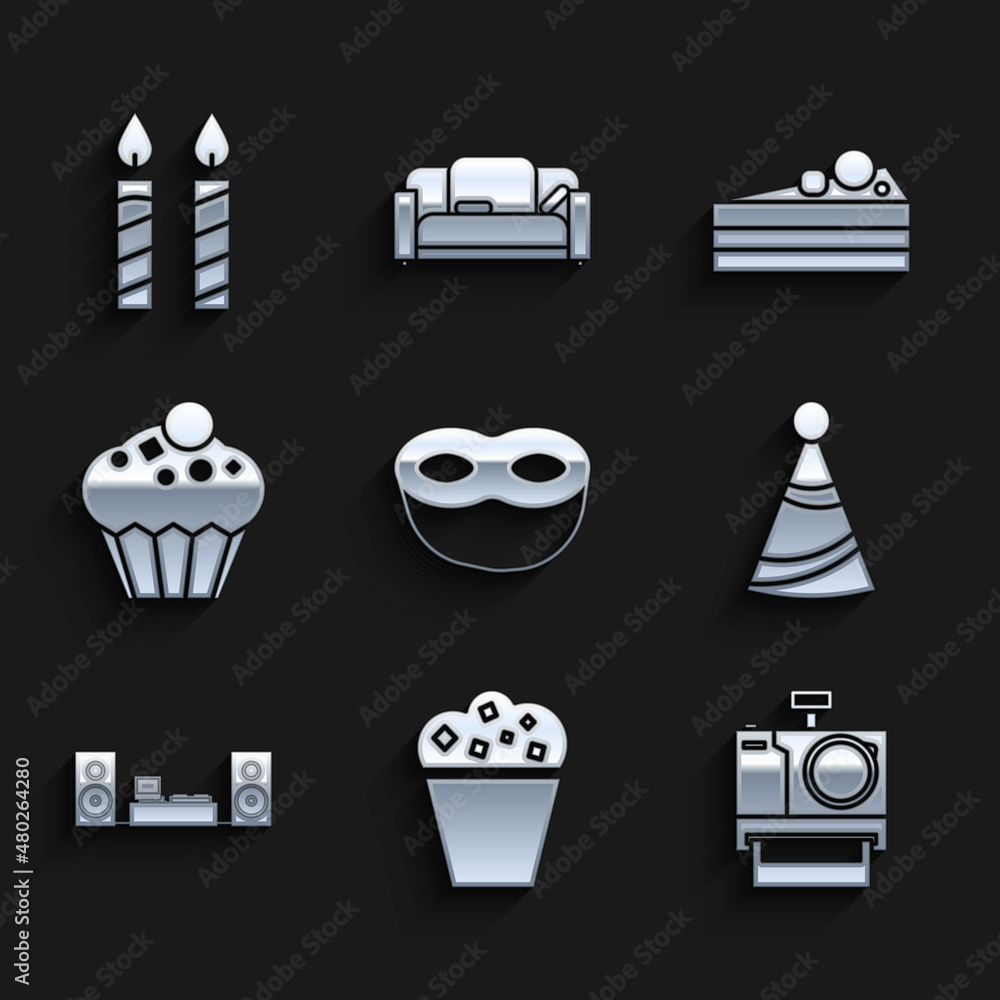Set Festive mask, Popcorn in cardboard box, Photo camera, Party hat, Home stereo with two speakers, Muffin, Cake and Birthday cake candles icon. Vector Set Festive mask, Popcorn in cardboard box, Photo camera, Party hat, Home stereo with two speakers, Muffin, Cake and Birthday cake candles icon. Vector