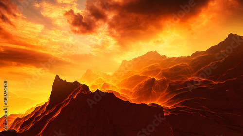 Fantastic unique sunset over volcanic hot rocks. 3d illustration