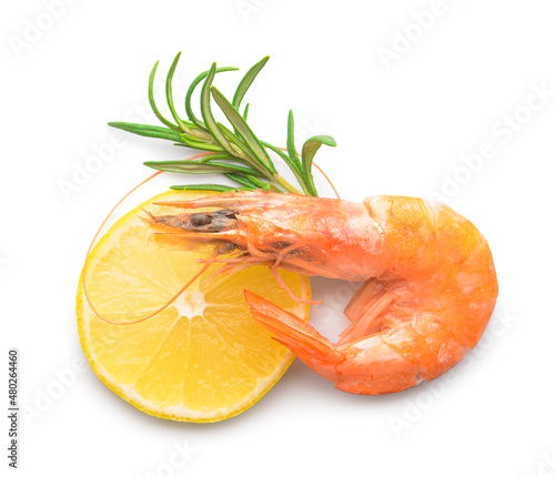 Tasty boiled shrimp with rosemary and slice of lemon on white background