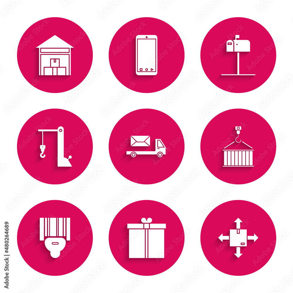 Set Post truck, Gift box, Cardboard with traffic symbol, Container on crane, Scanner scanning bar code, Harbor port, Open mail and Warehouse icon. Vector Set Post truck, Gift box, Cardboard with traffic symbol, Container on crane, Scanner scanning bar code, Harbor port, Open mail and Warehouse icon. Vector