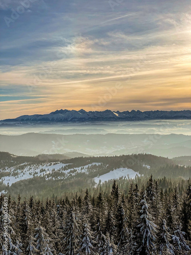 Polish mountains - Tatry - beautifull winter panorama. View from watch tower.