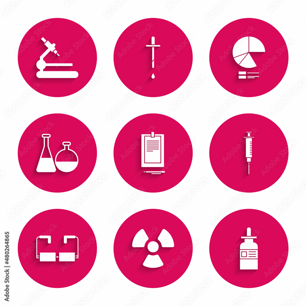 Set Clipboard with document, Radioactive, Glass bottle pipette, Syringe, Glasses, Test tube and flask chemical laboratory, Pie chart infographic and Microscope icon. Vector Set Clipboard with document, Radioactive, Glass bottle pipette, Syringe, Glasses, Test tube and flask chemical laboratory, Pie chart infographic and Microscope icon. Vector
