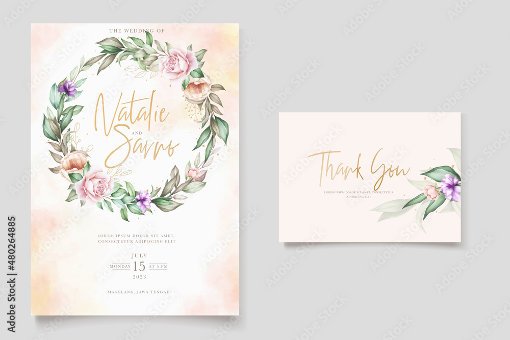 hand drawn roses peony and  wedding invitation card set