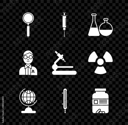 Set Magnifying glass, Syringe, Test tube and flask chemical laboratory, Earth globe, Meteorology thermometer measuring, Medicine bottle pills, Scientist and Microscope icon. Vector