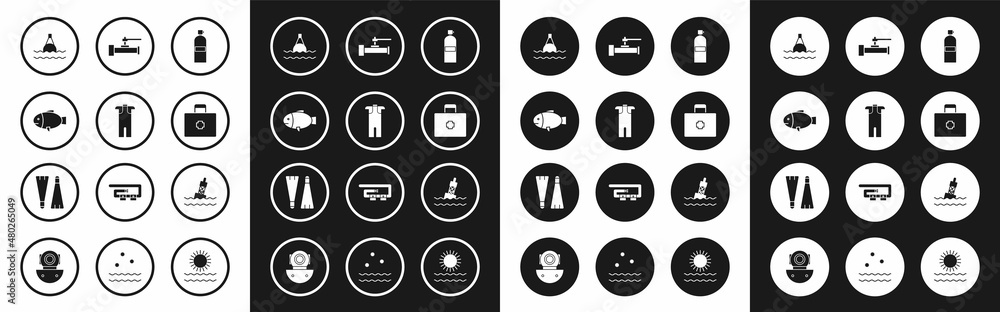 Set Aqualung, Wetsuit for scuba diving, Fish, Floating buoy on the sea, First aid kit, Industry metallic pipes and valve, and Rubber flippers swimming icon. Vector