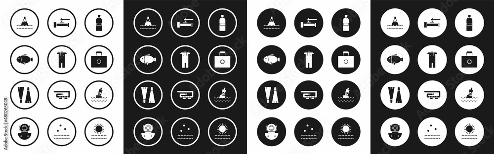 Set Aqualung, Wetsuit for scuba diving, Fish, Floating buoy on the sea, First aid kit, Industry metallic pipes and valve, and Rubber flippers swimming icon. Vector Set Aqualung, Wetsuit for scuba diving, Fish, Floating buoy on the sea, First aid kit, Industry metallic pipes and valve, and Rubber flippers swimming icon. Vector