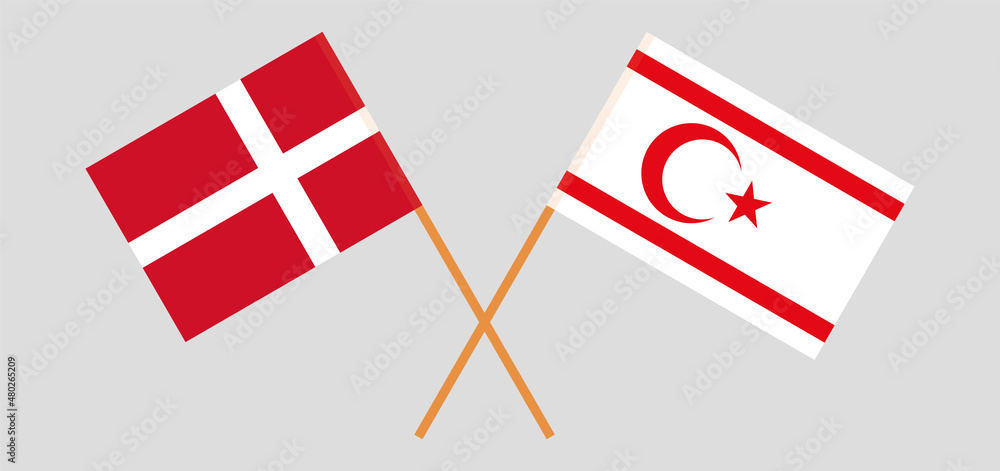 Crossed flags of Denmark and Northern Cyprus. Official colors. Correct proportion