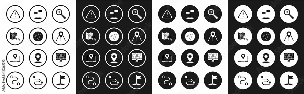 Set Search location, Paper airplane, Folded map with marker, Exclamation in triangle, Road traffic sign, Monitor and folded and Laptop icon. Vector Set Search location, Paper airplane, Folded map with marker, Exclamation in triangle, Road traffic sign, Monitor and folded and Laptop icon. Vector