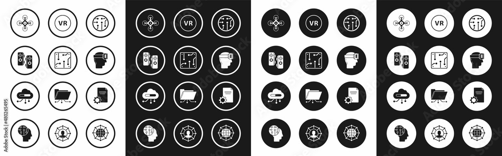 Set Processor, Gamepad, Drone, Virtual reality glasses, File document and Internet of things icon. Vector