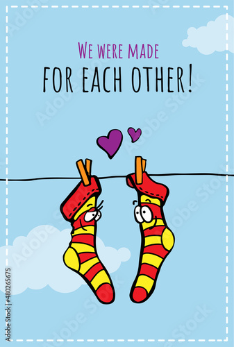 Valentines day holiday greeting card with love socks and birds and text We were made for each other-2