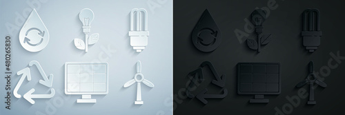 Set Solar energy panel, LED light bulb, Recycle symbol, Wind turbine, Light with leaf and clean aqua icon. Vector