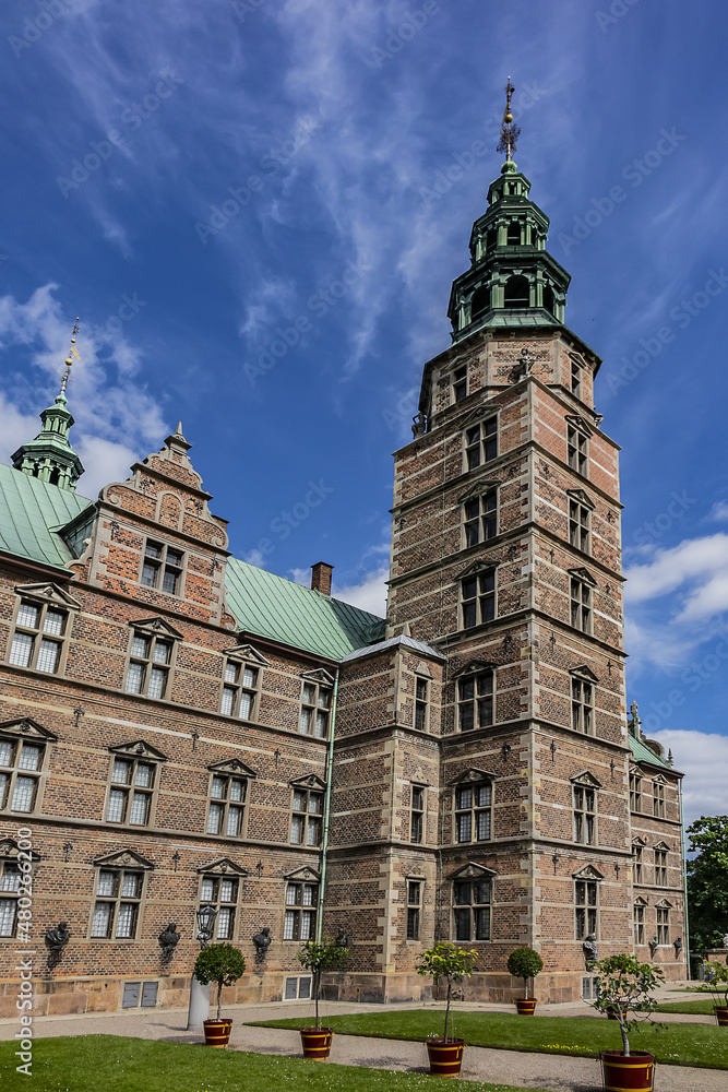 Fototapeta premium Architectural details of Medieval Rosenborg Castle. Rosenborg Castle built by one of the most famous Scandinavian kings Christian IV, in the early 17th century. Copenhagen, Zealand, Denmark.