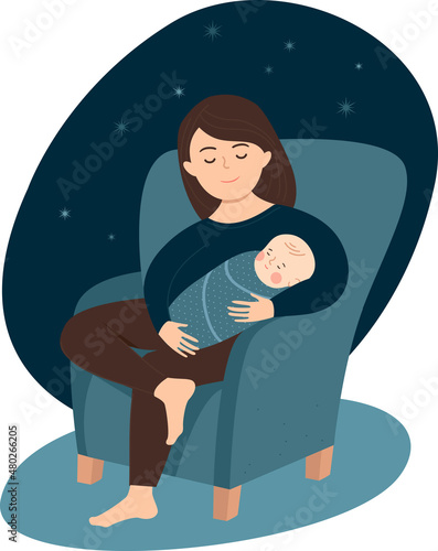 A loving mother is caring for her newborn baby at home. Happy woman holding a swaddled sleeping baby in her arms.